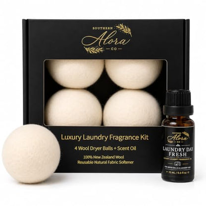 Luxury Wool Dryer Ball Kit, Laundry Day - 4 New Zealand Wool Balls + Oil - color: Laundry Day Fresh