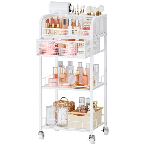 HapiRm Makeup Organizer Storage Cart - 4 Tier Skincare Make Up Storage with Drawer, Rolling Makeup Cart Vanity Organizer Cosmetics Display Cases Holder for Skin Care Perfume Nail Polish Brush - color: White+Wood