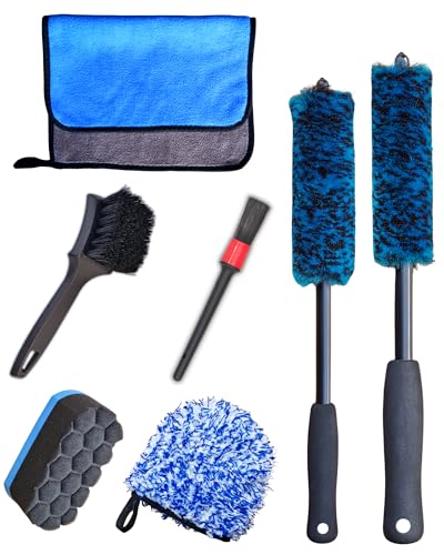 oesee Professional 4 Pack Long Handle Wheel Brush Kit for Cleaning Wheel and Tire- 2X Soft Wheel Cleaning Brush, Detailing Brush and Stiff Tire Brush, Bendable& Durable Wheel Rim Cleaner Brush Set - size: 7 Pack (Blue & Black)