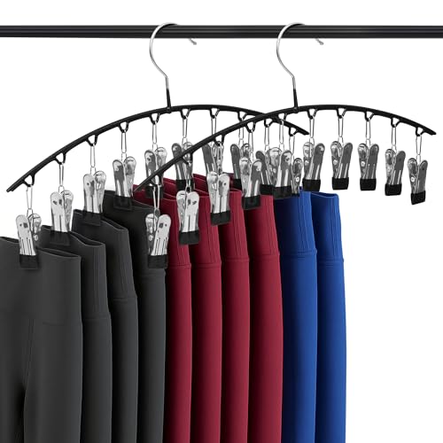 2-Pack Legging Hangers, Space-Saving Closet Organizer with 20 Stainless Steel Clips Total, Holds 20 Leggings, Yoga Pants, Skirts and Scarf | Anti-Slip Multi Clip Hangers