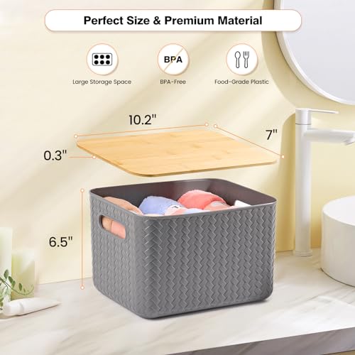 Ohmlove 4 Pack Storage Bins with Bamboo Lids,Stackable Box for Organization - color: Gray