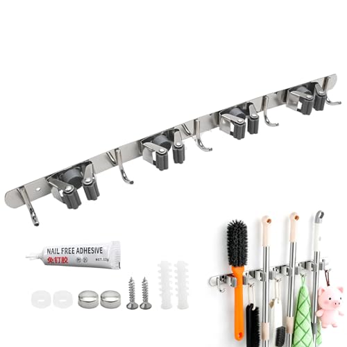 Saihisday Broom Holder Wall Mount, Stainless Steel Mop and Broom Organizer, Heavy Duty Storage Rack with 4 Racks 5 Hooks for Garage Kitchen Laundry Room Garden Bathroom(Gray) - color: Gray