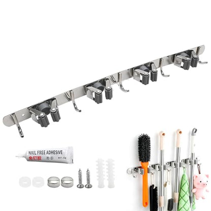 Saihisday Broom Holder Wall Mount, Stainless Steel Mop and Broom Organizer, Heavy Duty Storage Rack with 4 Racks 5 Hooks for Garage Kitchen Laundry Room Garden Bathroom(Gray) - color: Gray