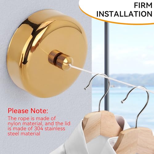 Retractable Clothesline, Stainless Steel Clothes Line Dryer with Adjustable Nylon Rope String, Wall Mounted Retractable Laundry Clothing Line Space Saving Drying Rack for Bathroom (Gold)