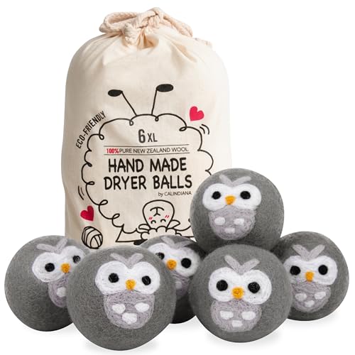 Calindiana 100% Organic Premium New Zealand Wool Dryer Balls Laundry Reusable Fabric Softener, Cute Dryer Sheets Alternative, Anti Static XL Size 6 Pack, Grey Owl - color: Grey