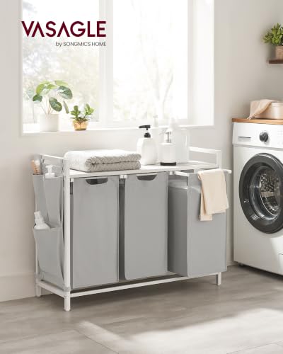 VASAGLE Laundry Hamper with Shelf, 3 Pull-Out Bags, 3 x 10.6 Gallons (40 L) - color: Dove Gray + Cloud White, size: 3 Bags - 120 L