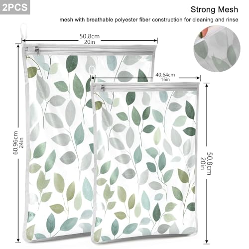 Mesh Laundry Bags Lingerie Bags for Washing Delicates 2 PCS Durable Wash Bag with Zipper Small and Medium Washable Fresh Green and Grey Leaves - color: Fresh Green and Grey Leaves