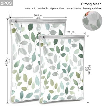 Mesh Laundry Bags Lingerie Bags for Washing Delicates 2 PCS Durable Wash Bag with Zipper Small and Medium Washable Fresh Green and Grey Leaves - color: Fresh Green and Grey Leaves