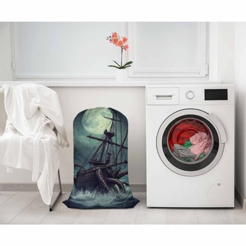 Swono Octopus Drawstring Closure Dirty Clothes Bag Organizer, Heavy Duty Large Laundry Bag, Sailboat Ocean Kraken Night Scene Rip-Stop Bags for Camp Travel, Oxford Cloth Machine Washable, Pirate Ship - color: Octopus