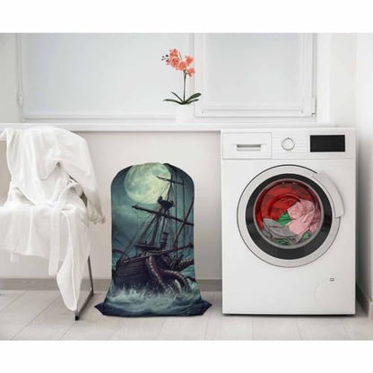 Swono Octopus Drawstring Closure Dirty Clothes Bag Organizer, Heavy Duty Large Laundry Bag, Sailboat Ocean Kraken Night Scene Rip-Stop Bags for Camp Travel, Oxford Cloth Machine Washable, Pirate Ship - color: Octopus