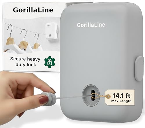 GorillaLine - Retractable Clothesline Indoor Outdoor Clothes Line - Heavy Duty Clothes Drying Laundry Line - Wall Mounted Drying Rack - Air Dry Clothing - color: Gray