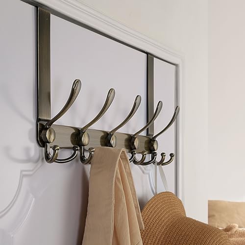 Dseap Over The Door Hook Hanger - Fits 1 3/8" to 1 3/4" Standard Doors | 5 Tri Hooks Heavy Duty Towel/Coat Rack | Door Organizer for Clothes, Jackets, Hats, Towels, Bronze, Pack of 2 - color: Bronze