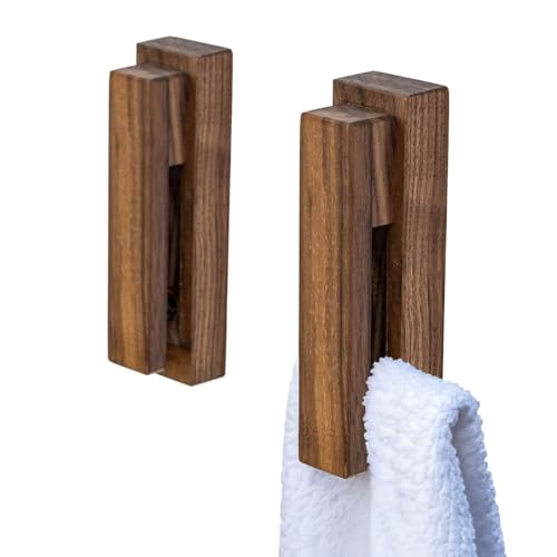 Wood Towel Hooks -Set of 2 Self Adhesive Vintage Towel Holder Wooden Wall Mounted Towel Racks for Bathroom and Kitchen Home Decor- Quick Drying, Firmly Holds Towel(Walnut) - color: Walnut