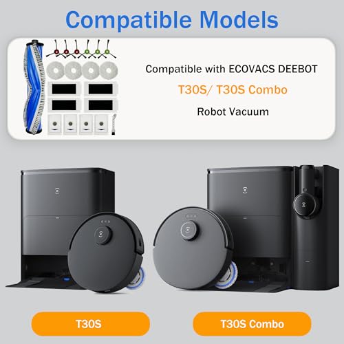 Accessories Kit for ECOVACS DEEBOT T30S / T30S Care / T30S AI Care/Yeedi M12 PRO+ Robot Vacuum Robot Vacuum and Mop, Main Brush, Side Brushes, HEPA Filters, Mop Pads, Dust Bags Replacement Parts