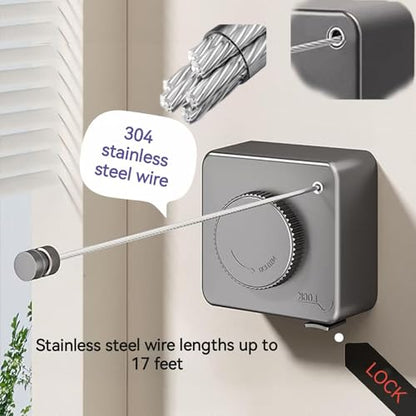 Retractable Clothesline, Wall Mounted, Stainless Steel, 17 Ft Indoor Outdoor (Grey-1) - color: Grey-1