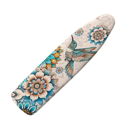 Boho Mandala Flower Print Ironing Board Cover - Elastic Edge, Hummingbird Printed Iron Board Cover Standard Size, Stain Heat Resistant Ironing Board Protector, Home Decoration - color: Boho Mandala Flower Hummingbird - Multi