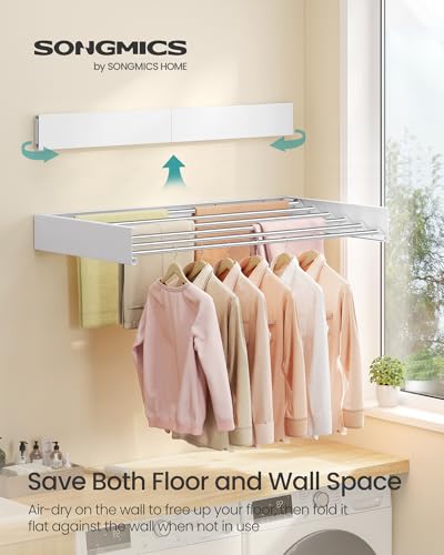 SONGMICS Clothes Drying Rack, Wall-Mounted, Foldable, with Storage Shelf - size: Foldable-39.4"W