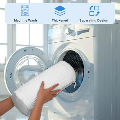 2 PCS Shoe Washing Machine Laundry Bag for Washer and Dryer, Extra Seperating Pockets for Insoles and Laces, Long Fluff, Thickened Reinforced Mesh Shoe Cleaning Bag for Sneakers, Gym Shoes/White