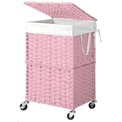 Chrislley Wicker Laundry Basket with Wheels,Rolling Laundry Hamper with Lid - color: Pink