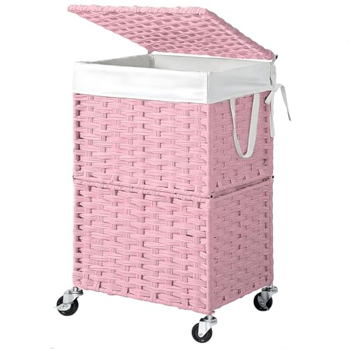 Chrislley Wicker Laundry Basket with Wheels,Rolling Laundry Hamper with Lid - color: Pink