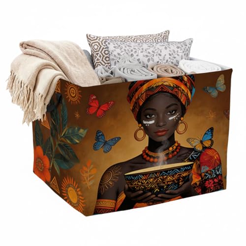 African Woman Laundry Hamper with Handles,Large 56L Foldable Square Clothes Basket Multi‑Use Blanket Storage Bins for Organizing Books,Toys,Gifts,Room Decoration,Laundry Room,Dorm Nursery - color: African Woman