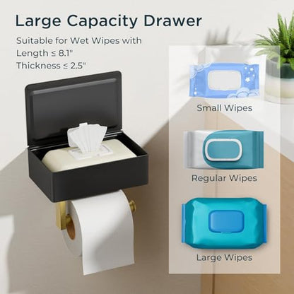 FORIOUS Toilet Paper Holder with Shelf, Wall-Mounted Modern Wipes Dispenser - color: Matte Black & Brushed Gold, size: Big 1 Pack-8" (L)