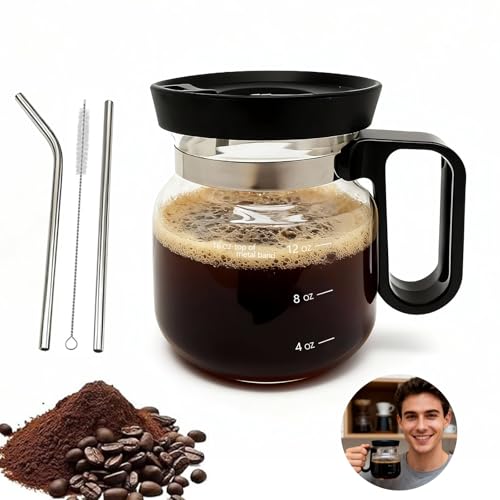 16 Oz Glass Coffee Pot Mug, Heat Resistant Clear Cup with Handle & Spill-proof Lid, Large Capacity Ultra Portable Travel Office Mug, Comes with Straw & Cleaning Brush, Ideal Gift for Coffee Lovers