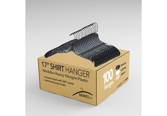 NAHANCO 17” Black Mid-Heavyweight Plastic Hanger, Black Hook, 100 Pack - color: Black With Black Hook