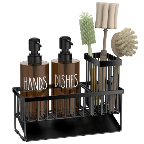 MASADI Kitchen Dish Soap Dispenser Set with Sponge Holder, 12OZ Glass Bottle, Hand and Dish Soap Dispenser Set, Non-Slip Silicone Pad, Brush Holder, Kitchen Sink Organizer Countertop (Black+Amber) - color: Black+amber