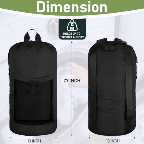 Laundry Bag Backpack, Large Travel Laundry Bags with Shoulder Straps & Mesh Pocket Durable Polyster Clothes Hamper Bag for College Laundromat Apartment (Black, Large)