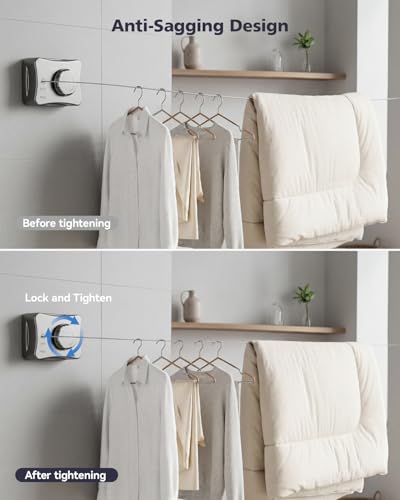 17.7 Ft Retractable Clothesline, Non-Sagging Wall Mounted Laundry Line with 10Pcs Clothespins, Heavy Duty Auto Retracted Indoor Outdoor Clothes Line for Bathroom Balcony Apartment RV Travel, 44LB MAX