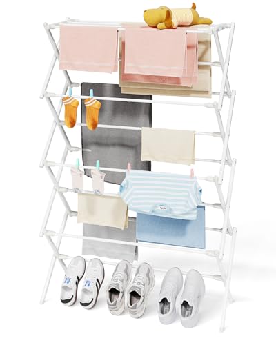 Sakugi Foldable 4-Tier Clothes Drying Rack 50.0" H with Non-Slip Feet - color: White, size: 4 Tier Standard