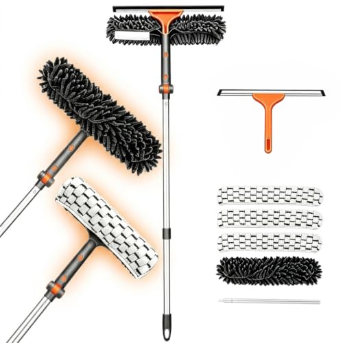 Chabatree 2-in-1 Window Squeegee for Home, 62" Extension Pole Window Cleaning Kit with Bendable Head, Professional Window Washing Equipment for High Indoor Outdoor Glass & Car (Kit 2.0) - color: Grey Squeegee（with 4 Cleaning Cloth）