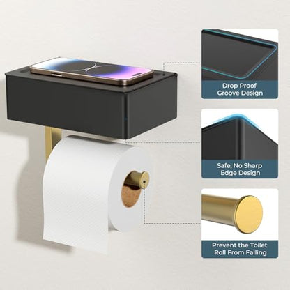 FORIOUS Toilet Paper Holder with Shelf, Wall-Mounted Modern Wipes Dispenser - color: Matte Black & Brushed Gold, size: Big 1 Pack-8" (L)