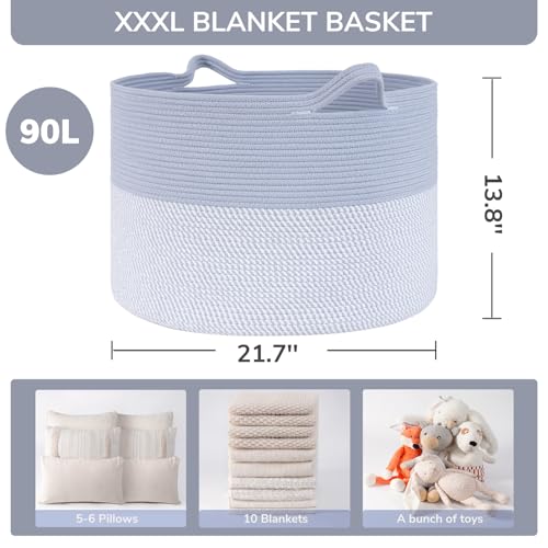 INDRESSME XXXLarge Woven Rope Blanket Basket Living Room Blue, 90L - color: Blue & White, size: 21.7"D x 13.8"H