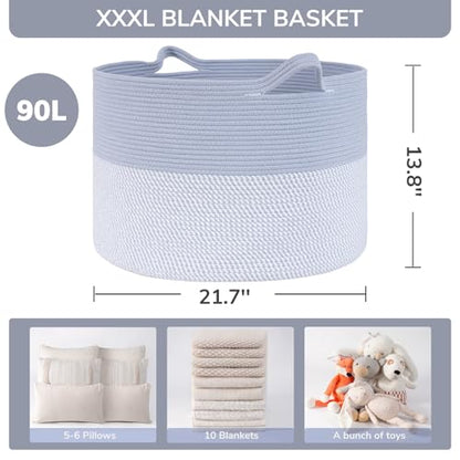 INDRESSME XXXLarge Woven Rope Blanket Basket Living Room Blue, 90L - color: Blue & White, size: 21.7"D x 13.8"H