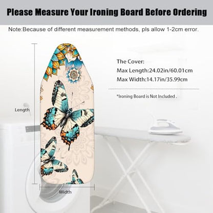 Mandala Flower Butterfly Printed Ironing Board Cover with Elastic Edge, Apartment RVs Anti Slip Iron Board Cover Scorch Resistant, Mini Table Top Ironing Cover Easy Replacement - color: Beige - Mandala Flower Butterfly
