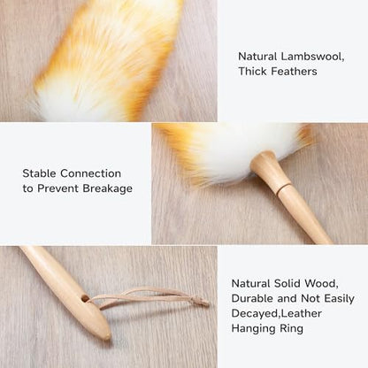 ONESIMUS 2 Pack Lambswool Dusters Fluffy Handheld Natural Feather Duster, 11 inch Washable Reusable Wool Dusters with Solid Wooden Handle for Cleaning Ceiling Fan, Interior, & Car etc - size: 2 Count (11inch)