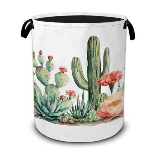 Cactus Succulent Laundry Basket,Greenery Flower Foldable Oxford Laundry Hamper with Handles,Collapsible Clothes Storage Basket for Bedroom,Bathroom,or Laundry Room,20.8 x 16 Inches - color: Cactus Succulent Greenery Flower