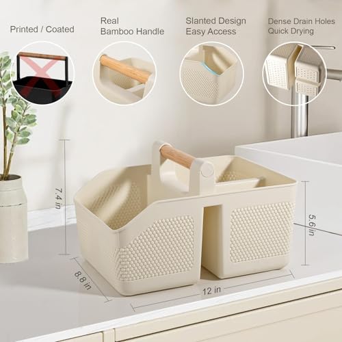 Plastic Shower Caddy Portable Shower Basket with Bamboo Handle, Cream - color: Cream