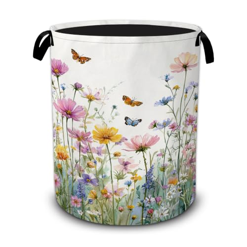 Wildflowers Laundry Basket,Butterfly Flowers Foldable Oxford Laundry Hamper with Handles,Portable Clothes Tote Bag Clothes Storage Bucket Organizer 20.8" x16" For Bathroom/Laundry Storage/Bedroom - color: Wildflowers Butterfly Flowers
