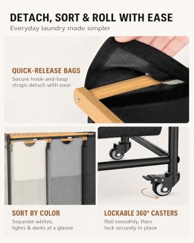 105L Laundry Hamper with Wheels, 3 Section Rolling Laundry Sorter Cart with Bamboo Shelf, Large Clothes Basket for Laundry Room and Bathroom