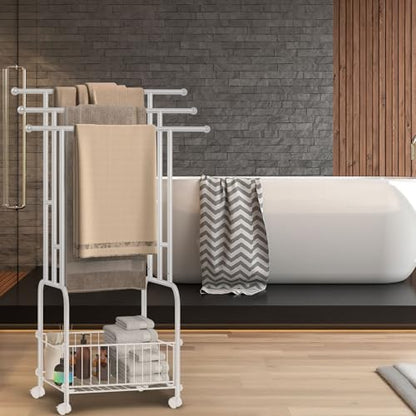 Freestanding Towel Rack for Bathroom, 3-Tier White Metal Stand with Basket