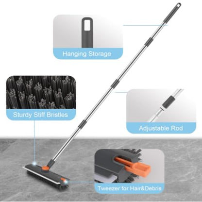 Floor Scrub V Brush with Long Handle, 4 in 1 Multi-Angle Swivel Right Angled Bristle Floor Scrubber Brush with Squeegee and Tweezer for Cleaning Tile Wall Deck Bathroom Patio Garage Kitchen