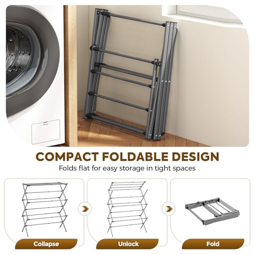 KINGBOARD 3-Tier Extendable Clothes Drying Rack, Small & Foldable, Grey - color: Gray