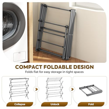 KINGBOARD 3-Tier Extendable Clothes Drying Rack, Small & Foldable, Grey - color: Gray
