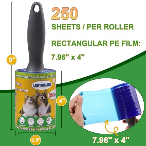 Lint Roller Pet Hair Value Pack of 250 Sheets, Extra Sticky Lint Remover for Dog & Cat Fur, Clothes, Furniture, Couches Reusable Lint Remover for Fuzz, Fluff & Hair (Blue) - color: Blue, size: 1 Count / 250 Sheets