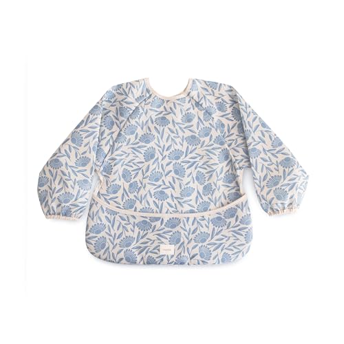 mushie Long Sleeve Baby Bib | Water Resistant Adjustable Fit - color: Blue Flowers