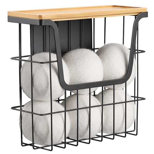 Magnetic Dryer Ball Holder - Black Basket for Laundry Room Organization and Storage with Bamboo Top - Magnetic Lint Bin Suitable for Washer and Dryer / Fridge / Whiteboard (No Balls)