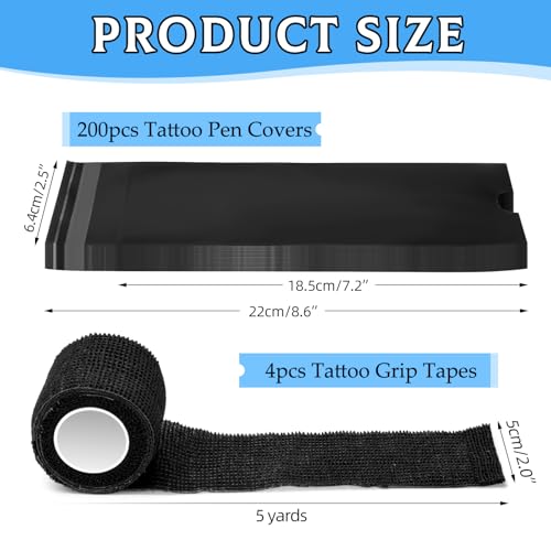 200PCS Tattoo Pen Covers with Self-adhesive Strip 4PCS Tattoo Grip Wrap Bandages Tattoo Machine Bags Tattoo Supplies Accessories (Black, 200pcs Bags+4pcs Tape) - color: Black, size: 200pcs Bags+4pcs Tape